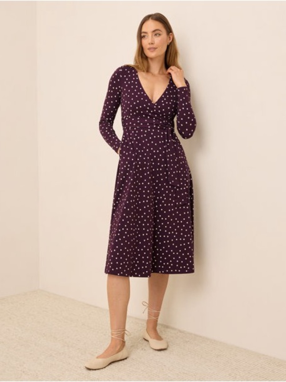 PACT Berry Polka Dot Fit & Flare Wrap Midi Dress Small Organic Cotton